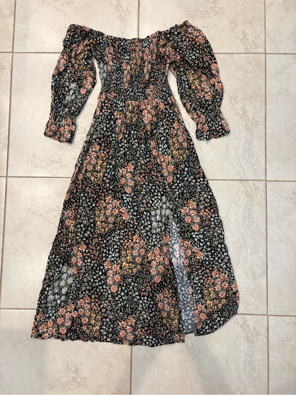 Vici Black Floral Off-Shoulder Maxi Dress with Pink and Orange Blooms
